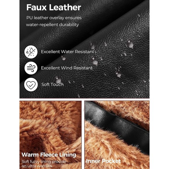 Men's Black Leather Stand Collar Fleece Lined Bomber Faux Jacket - Picture 6 of 8